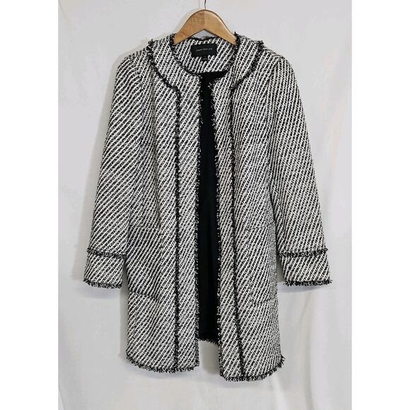 Ann Taylor Black White Silver Striped Tweed Round Neck Lined Dress Coat Medium - Picture 2 of 11